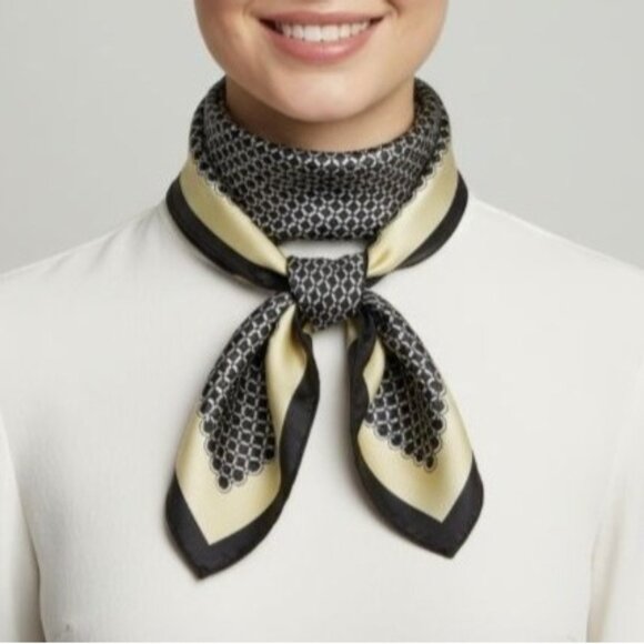 ❤️Silky Square Scarf Black Gold Geometric Chain Print Vintage Look wrap shawl❤️ - Picture 1 of 8